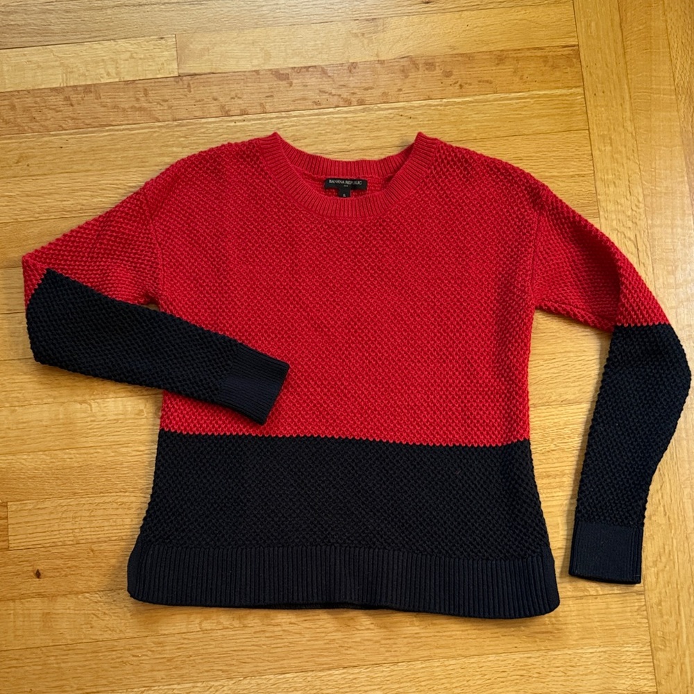 Banana Republic Cotton Red & Black Pullover Crew Neck Sweater